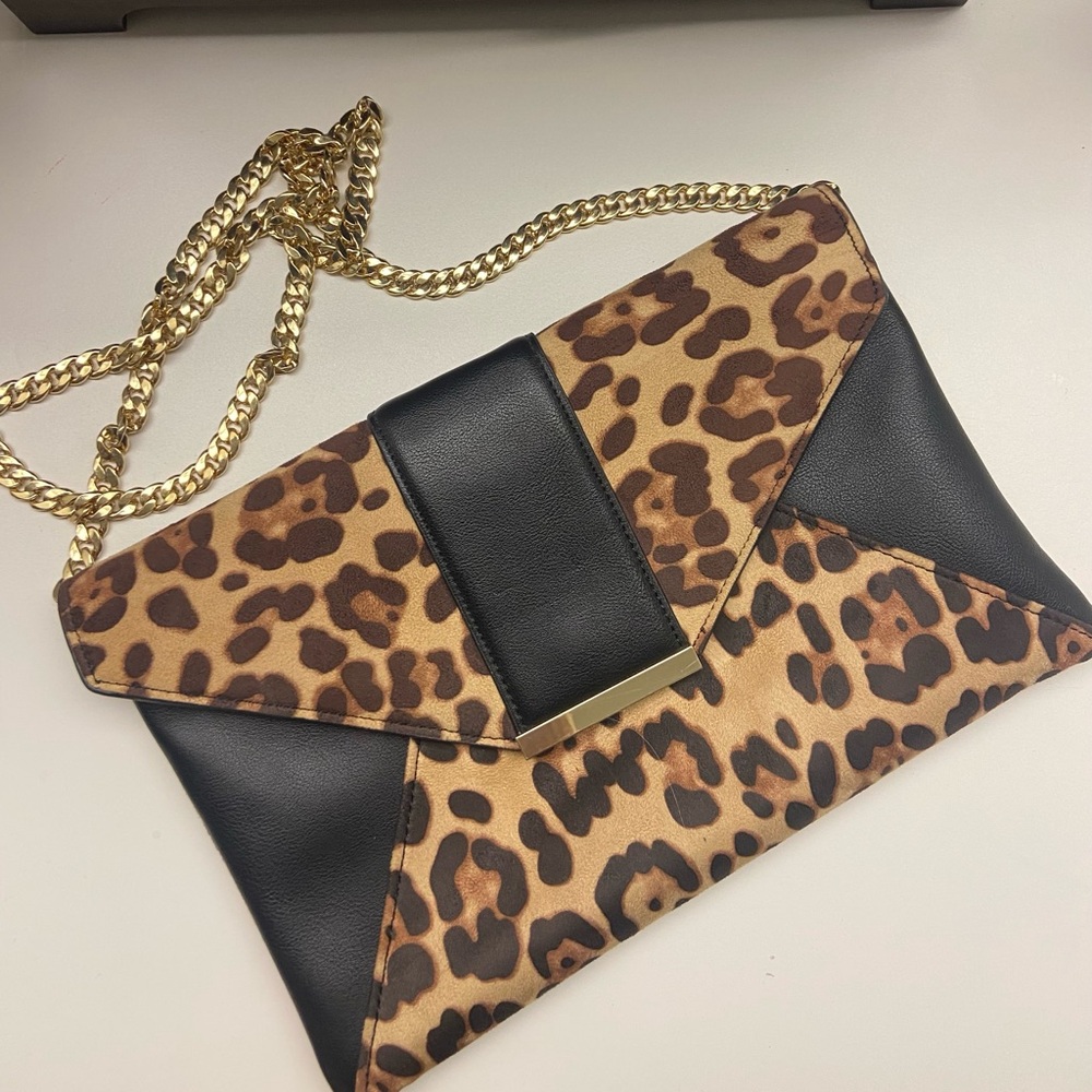 Leopard Print and Black Chain Strap Clutch